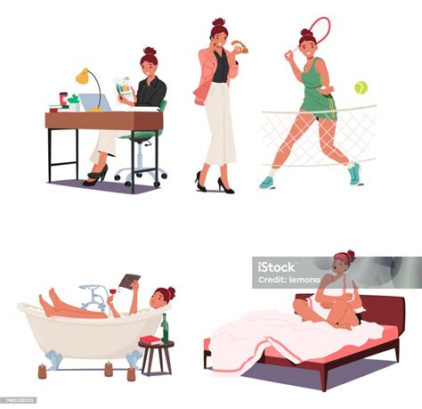 Woman Daily Routine Involves Tasks Like Tennis Exercises Work In The Office Meals Relaxation In