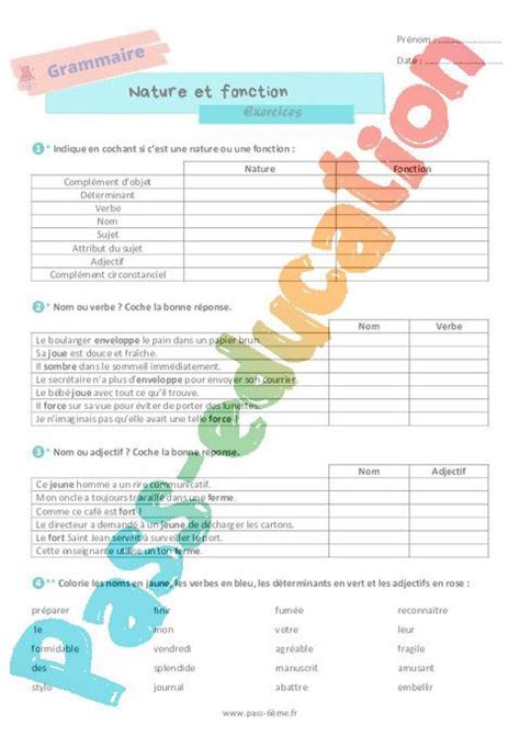 Nature et fonction Exercices de grammaire pour la 6ème PDF à