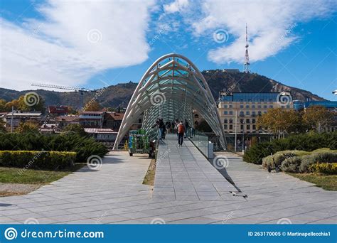 Tbilisi Georgia 05 10 2022 The Bridge Of Peace Is A Bow Shaped Pedestrian Bridge Over