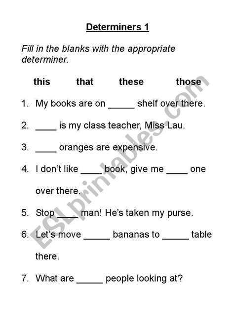 Determiners Year 6 Worksheet