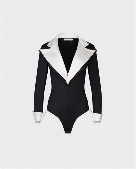 Black Bodysuit With White Oversized Lapel Womens Luxury Bodysuits