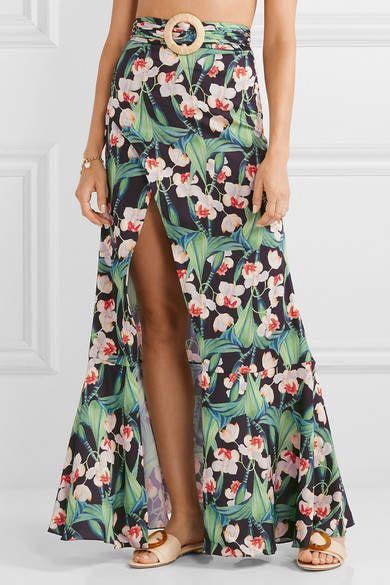 PatBO Belted Wrap Effect Floral Print Crepe Maxi Skirt Black