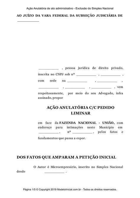 Modelo Ação Anulatória de ato administrativo Exclusão do Simples Nacional