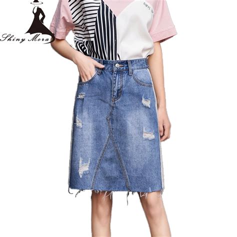 2018 Summer Jeans Skirts For Women High Waist Slim Knee Length Hole