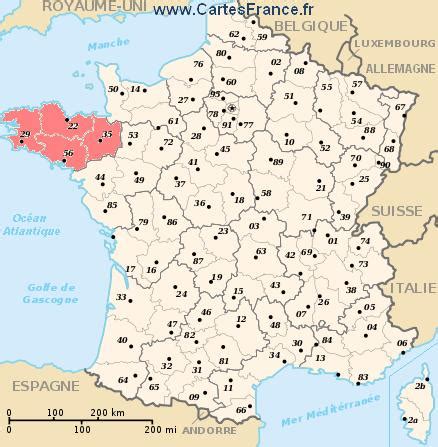 BRETAGNE : Carte, plan, villes de la région Bretagne