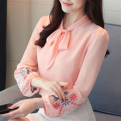 2018 Lantern Sleeve Bow Tie Pink Chiffon Blouses Women Office Work