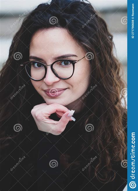 Beautiful Young Woman With Brunette Curly Hair Portrait In Eye Glasses