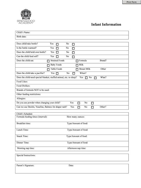 Fillable Online Ecp Infant Information Brenwood Academy Fax Email