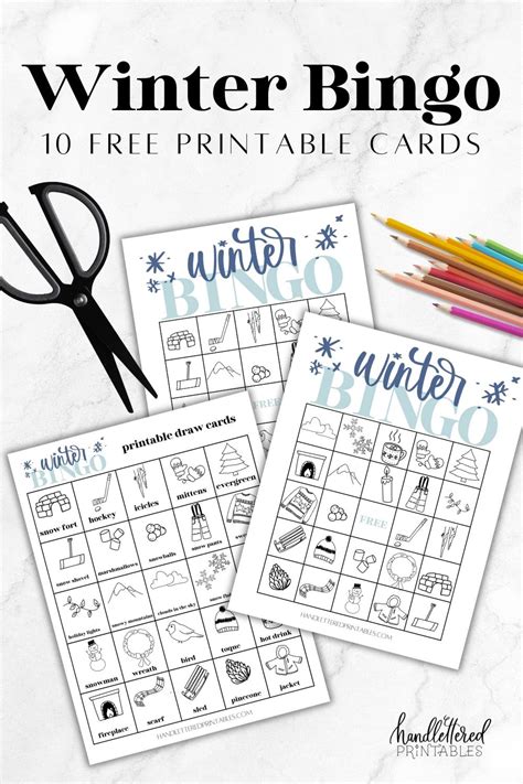 Free Printable Winter Bingo Game For Kids 10 Cards Hand Lettered