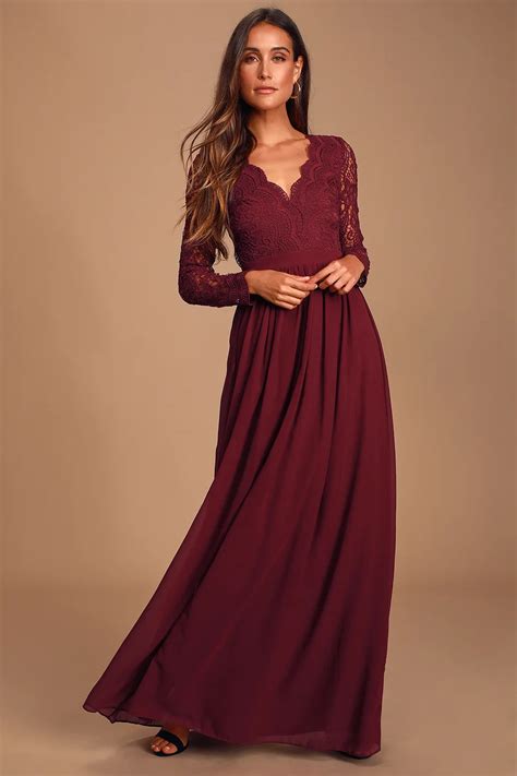 Awaken My Love Burgundy Long Sleeve Lace Maxi Dress Long Sleeve