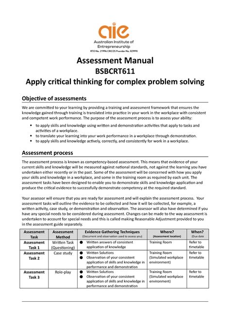 Bsbcrt 611 Assessment Manual Assessment Manual BSBCRT Apply Critical