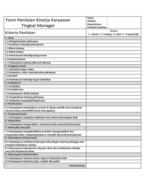 Form Penilaian Kinerja Karyawan Tingkat Manager Pdf