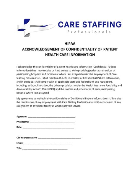 Fillable Online Hipaa Acknowledgement Of Confidentiality Of Fax