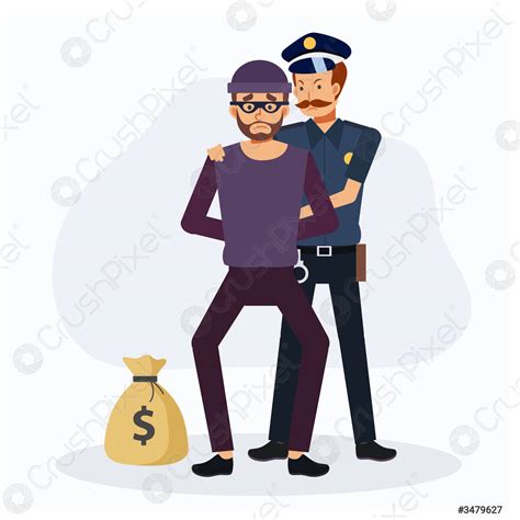 Police Man Caught The Robber Criminal Flat Vector Cartoon Character