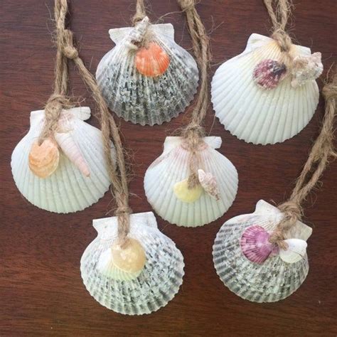 Set Of Six Scallop Shell Christmas Ornaments Strung With Jute These