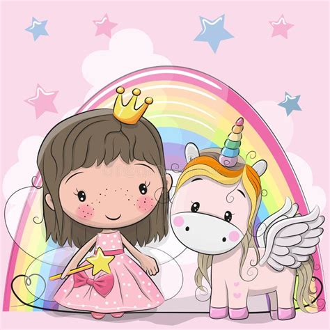 Princesa Bonito E Unicórnio Do Conto De Fadas Dos Desenhos Animados