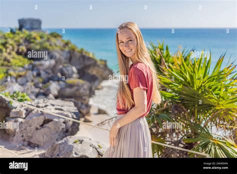 Woman Tourist Enjoying The View Pre Columbian Mayan Walled City Of