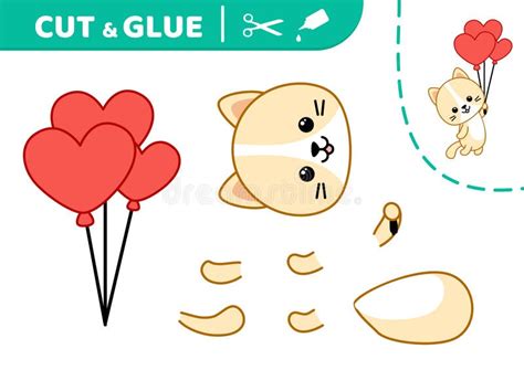 Cut And Glue Kitten And Balloons Applique Paper Game Vector Stock