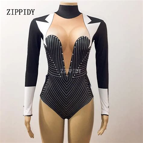 Sexy Black Stage Bodysuit Teacher Tuxedo Costume Bling Rhinestones