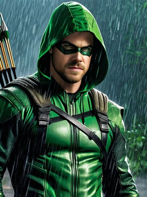 Green Arrow A Man Dressed In Green Is Standing In The Rain With A Bow