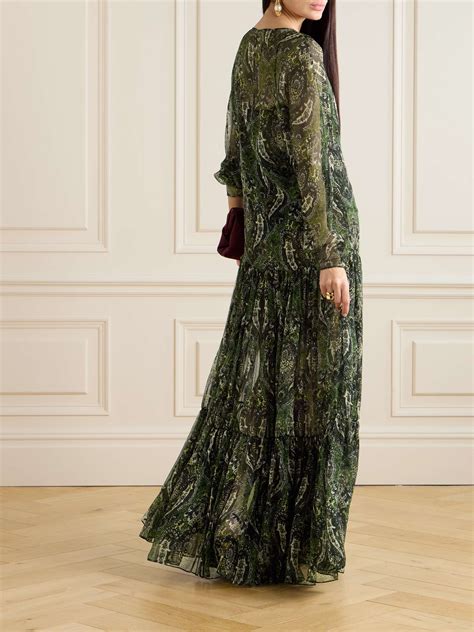 Saint Laurent Pussy Bow Shirred Printed Metallic Silk Crepon Maxi Dress Net A Porter