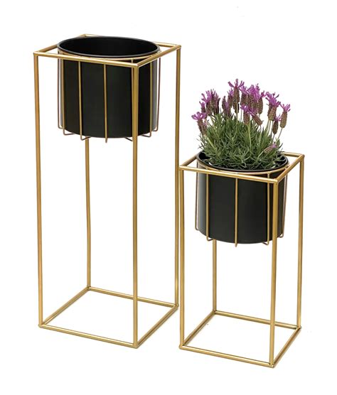 DanDiBo Blumenhocker Mit Topf Metall Gold Schwarz Eckig 2er Set