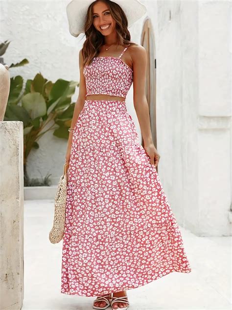 Floral Print Two Piece Skirt Set Crop Cami Top Ankle Skirt Temu