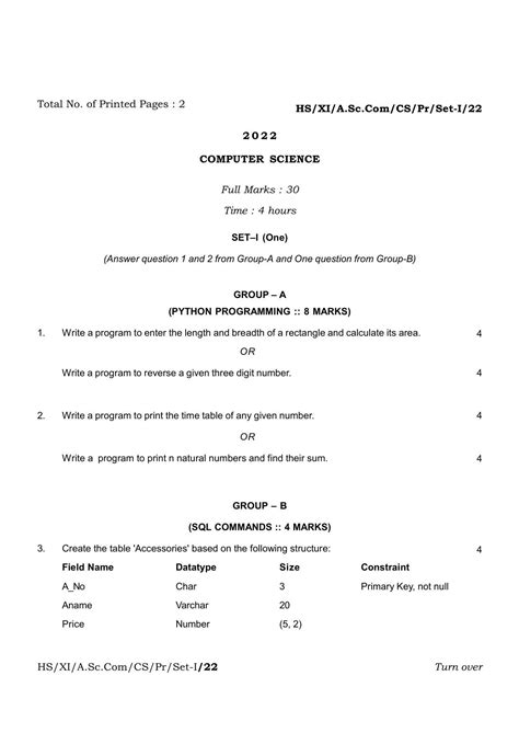 Meghalaya Board Mbose Class 11 Computer Science Set I To Vii Practical 2022 Question Paper