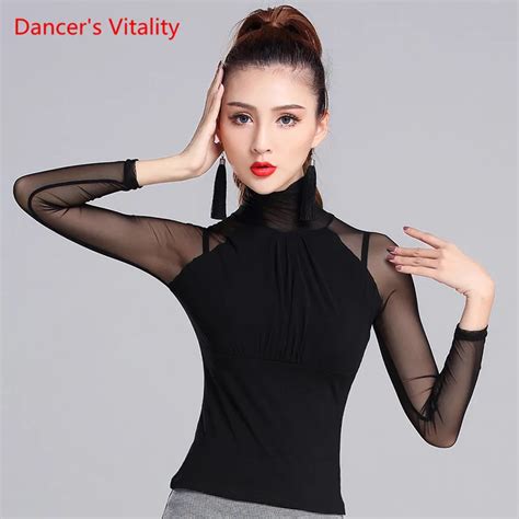 2017 Performance Hot Sexy Lady Latin Dance Tops Black High Collar Net