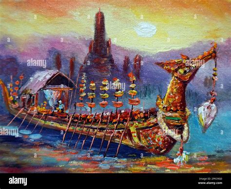 Art Painting Oil Color Royal Barge Thailand Suphannahong Boat Stock