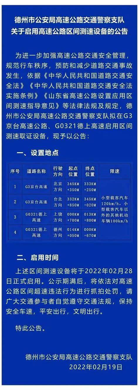 2月28日起，德州将启用4处区间测速方向北京上饶