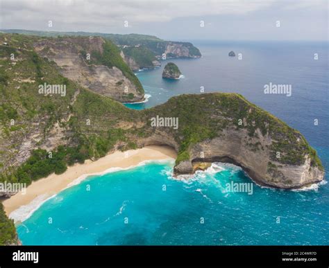 Beautiful Viewpoint Of Kelingking Beach In Nusa Penida Island Bali Indonesia Drone View Stock