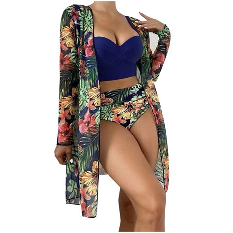 Wreesh Womens Piece Swimsuits Tropical Print Bikini Set With Kimono Beach Cover Ups Printed