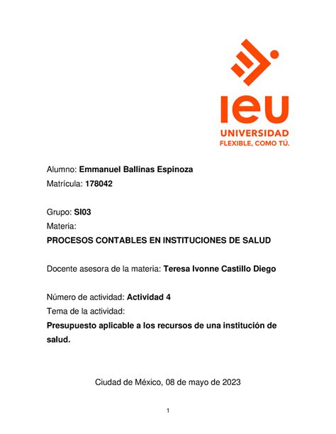 Actividad Presupuesto Aplicable A Los Recursos De Una Instituci N De