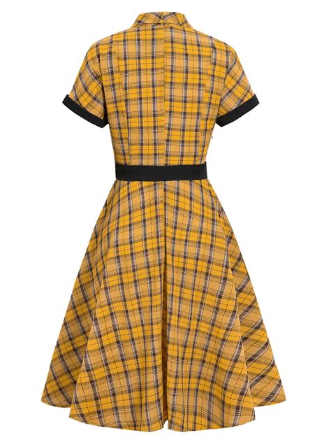 Robe Vintage Année 50s Femme Col Revers Avec Manches Courtes Ceinturé