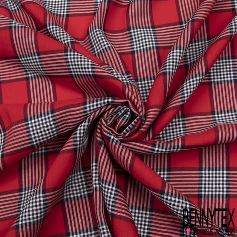 Fibranne Viscose Coton Légère Grand Quadrillage Rouge Noir Blanc