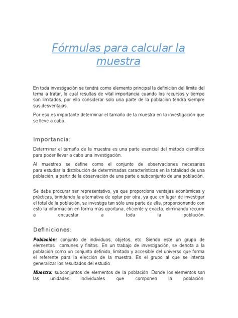 Fórmulas Para Calcular La Muestra Pdf Muestreo Estadísticas Estadísticas