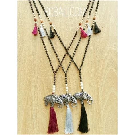 Three Color Tassels Elephant Bronze Caps Bead Necklace Three Color Tassels Elephant Bronze