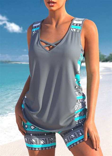 Mid Waisted Tribal Print Drawstring Grey Tankini Set Rosewe USD