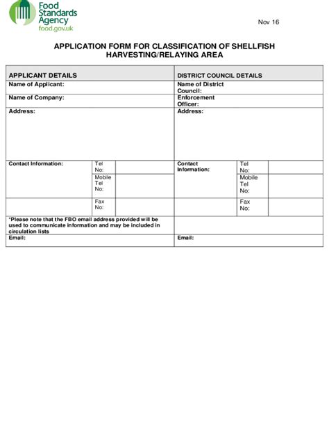 Fillable Online APPLICATION FORM FOR CLASSIFICATION OF SHELLFISH