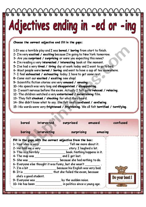 Adjectives Ending In Ed Or Ing Esl Worksheet By Espamol