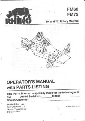 Rhino Fm60 And Fm72 Mower Topper Operators Manual With Parts List