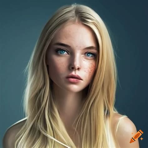 Beautiful Young Woman Shoulder Length Blonde Hair Very Light Freckles