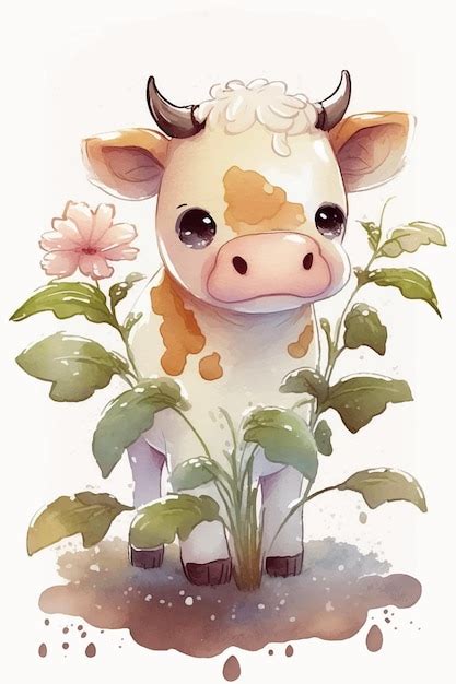 Un Dibujo De Dibujos Animados De Una Vaca Con Una Flor En La Cabeza