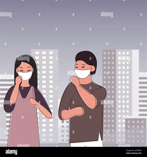 Sad People Wearing Protective Face Masks Walking On Street Fine Dust