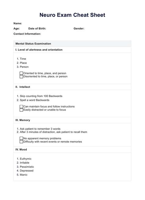 Neuro Exam Checklist Template And Example Free Pdf Download