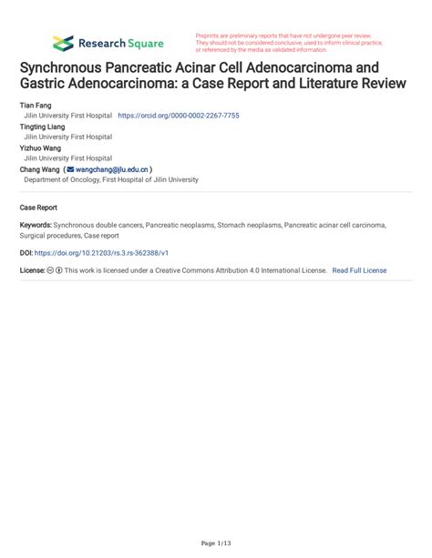 Pdf Synchronous Pancreatic Acinar Cell Adenocarcinoma And Gastric