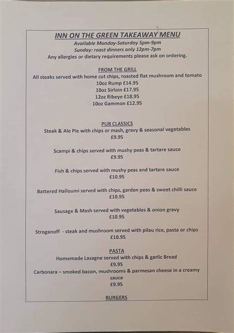 Menu at Inn On The Green pub & bar, Newark-on-Trent