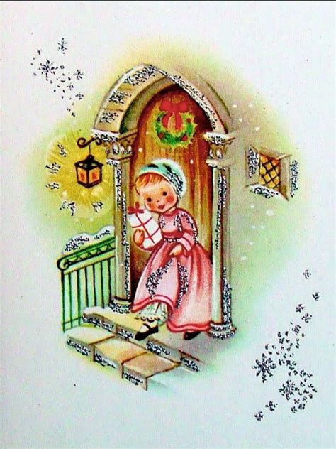 I 345 Vintage Unused Xmas Greeting Card Silver Embossed Sweet Girl