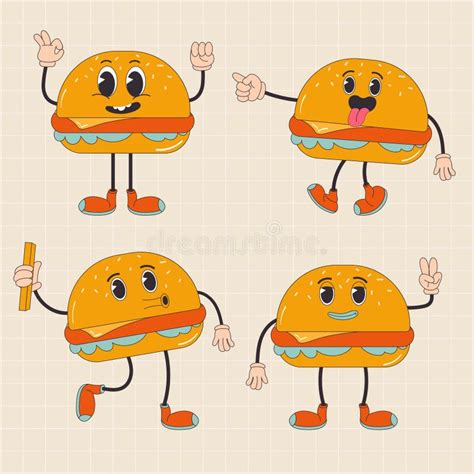 Cartoon Character Retro Burger Fast Food 70s In Trendy Groovy Hippie Retro Style Stock Vector